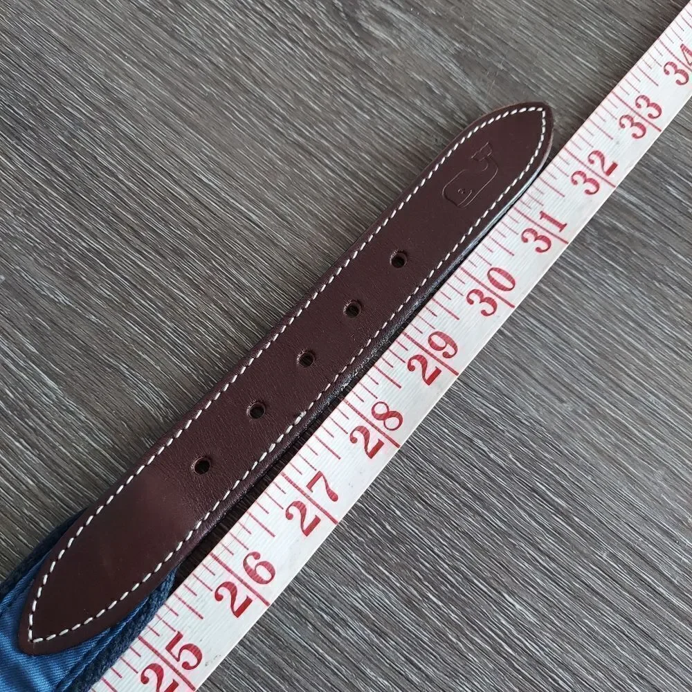 Vineyard Vines Rainbow Trout Ribbon Brass Leather Belt Brown Navy Size 28